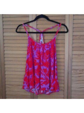 Loft NWT Red Lilac Tropical Print Halter Baby Doll Strappy Rayon Top Size XSmall
